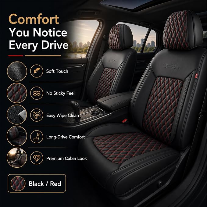 Black and Red Thick Nappa Leather Automotive Front Car Seat Covers Set of 2 | Univerasal Fit,3D Contoured,Waterproof,ThickTexture Nappa Leather,for most Suvs Trucks Sedans - Image 7