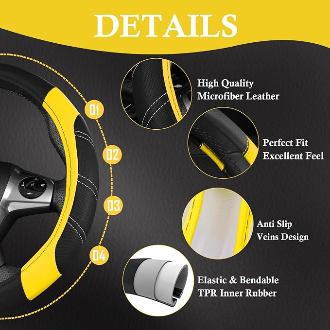 CAR PASS Leather Steering Wheel Cover and Waterproof Car Floor Mats,Microfiber Universal Car Combo Fit for 95% Sedan SUV Van Truck,14.5-15 inch Sporty Anti-Slip Safety Comfortable Design, Black＆Yellow - Image 7
