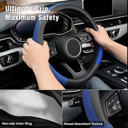 KAFEEK Steering Wheel Cover, Cooling Ice Silk Leather, 15 Inch, Blue | Breathable Mesh, Anti-Slip Car Grip, Heat Resistant for Summer, Sweat Proof Comfort - Image 5