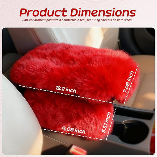 Fluffy Car Armrest Cover with Side Pockets – Plush Fuzzy Fur Center Console Armrest Cushion Pad, Universal Winter Car Interior Protector, Soft Arm Rest Cover with Storage for Women & Men (RED) - Image 2