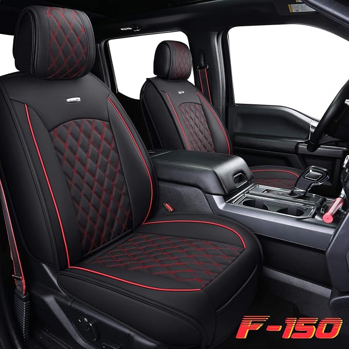 Front Car Seat Covers for Ford F150 F250 F350 F450 (Black-Red) | Custom Fit 2009-2026 F150 XLT STX XL, 2017-2026 F250 F350 F450 Super Duty Crew Cab Regular Cab Super Cab, Waterproof Leather - Image 2