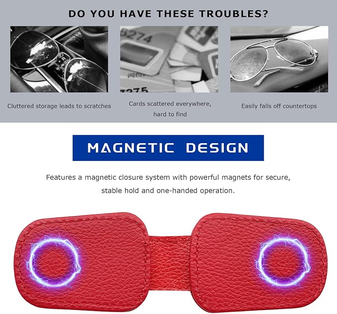 2 PCS Sunglass Holder for Car, Magnetic Leather Glasses Holder Auto Ticket Card Clip, Sun Visor Eyeglass Hanger Interior Accessories for Sedan Truck SUV, Car Accessories (Red) - Image 5