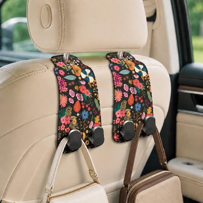 Cute Floral Car Seat Back Storage Headrest Hooks for Purses & Bags – 2PCS PU Leather Dual Metal Hooks, Backseat Organizer Accessories - Image 5