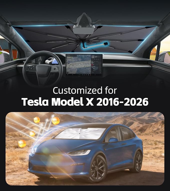 Windshield Sun Shade for Tesla Model X 2016-2026 with 360° Rotating Shaft | Custom Fit Umbrella Sunshade for UV Blocking, Interior Heat Protection, Easy Storage, UPF 50+ Cool Windshield Cover - Image 2