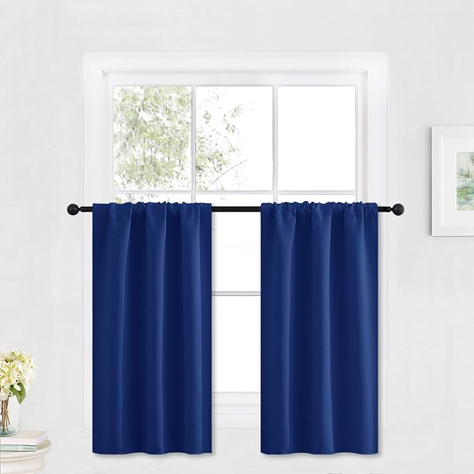 RYB HOME Cafe Blackout Curtains 30 inch Length, Short Window Curtain Tiers | Light UV Heat Blocking,Energy Saving,Privacy Protection,For Basement Bathroom Kitchen Window,W29 x L30,Marine Blue,2 Panels by RYBHOME