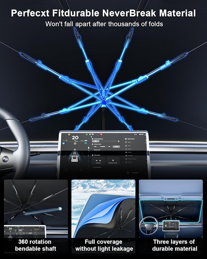 helloleiboo [2025 Upgraded] Car Windshield Sun Shade Umbrella 61"x 34" Windshield Sun Shade Foldable 5-Layer Thickened Vinyl Coating Reflective Polyester Blocks Heat & UV Rays for Large Car Truck SUV - Image 3