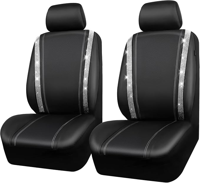 CAR PASS Leather Bling Diamond Car Seat Cover 2 Front Interior Sets, Waterproof Universal Shining Glitter Crystal Sparkle Fit for 95% Automotive Truck SUV Cute Women Girl, Black Silver Rhinestone - Image 8