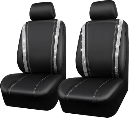 CAR PASS Leather Bling Diamond Car Seat Cover 2 Front Interior Sets, Waterproof Universal Shining Glitter Crystal Sparkle Fit for 95% Automotive Truck SUV Cute Women Girl, Black Silver Rhinestone - Image 8
