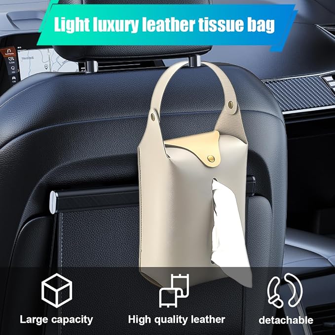 Car Tissue Holder, Large Car Headrest Hanging Tissue Box Cover, PU Leather Auto Napkin Holder, Universal Vehicle Backseat Paper Organizer for Cars Sun Visor (Grey) - Image 5