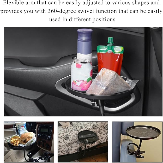 Adjustable Food Tray for Car, 360° Swivel Non-Slip Car Drink Cup Snack Table Clip Type Dining Trays, 8.7 Inch Rotating Food Table Folding Storage Tray for Most Vehicles - Image 6