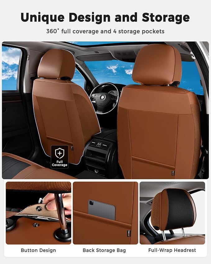 Huidasource Front Car Seat Cover, Luxury Faux Leather Car Seat Covers Front Seats, Fit Airbags, Seatbelt Buckles, Perforation, Cooling＆Heating, Universal Fit for Most Cars Vans Trucks SUVs Brown＆Black - Image 4