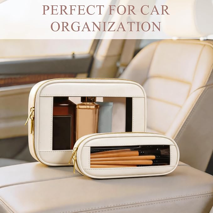 2-Piece Leather Clear Makeup Bag Set, Clear Cosmetic Bag with Zipper, Waterproof Makeup Brush Bag, TSA Approved Toiletry Bag for Travel, Car Organization for Women (Beige-2, Slim+Medium) - Image 5