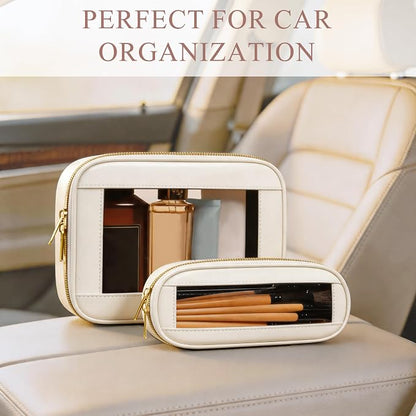2-Piece Leather Clear Makeup Bag Set, Clear Cosmetic Bag with Zipper, Waterproof Makeup Brush Bag, TSA Approved Toiletry Bag for Travel, Car Organization for Women (Beige-2, Slim+Medium) - Image 5
