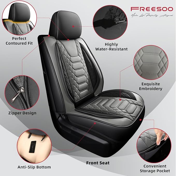 FREESOO for Toyota Tundra Seat Covers 2007-2021 Crewmax Cab 2 Front Set | 2pcs, Custom Fit, Airbag Compatible, Premium Waterproof Leather, for Truck Toyota Tundra Accessories, BlackGrey - Image 3