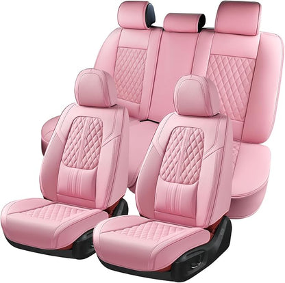 Coverado Car Seat Covers Full Set, Automotive Front and Rear Seat Covers with Backrest, Nappa Leather Car Seat Protectors Waterproof, Universal for Most Vehicles, Pink by COVERADOAUTO