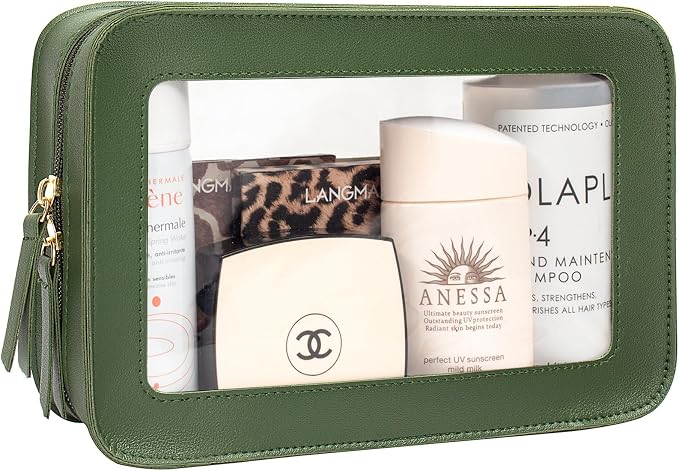 Clear Makeup Bags, TSA Approved Toiletry Bag with Zipper, Travel Makeup Organizer Fit Carry-on Travel Essentials,Small Cosmetic Bags Pouch for Women Men (Clear-Vintage Green) by LETGO