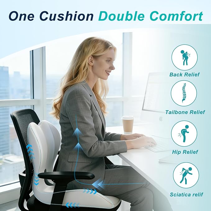 Seat Cushion for Office Chair, Ergonomic Cushion with Lumbar Support Pillow | Orthopedic Memory Foam Coccyx Cushion for Tailbone & Sciatica Pain Relief, Ideal For Office Chairs, Car Seats, Wheelchairs - Image 4