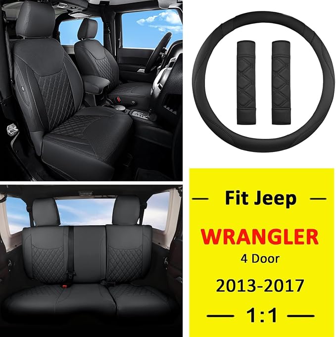 GIANT PANDA Wrangler JK Seat Covers Custom Fit for Jeep Wrangler,Premium Waterproof Faux Leather, 2013 2014 2015 2016 2017 JK 4 Door Full Set (Black) - Image 2