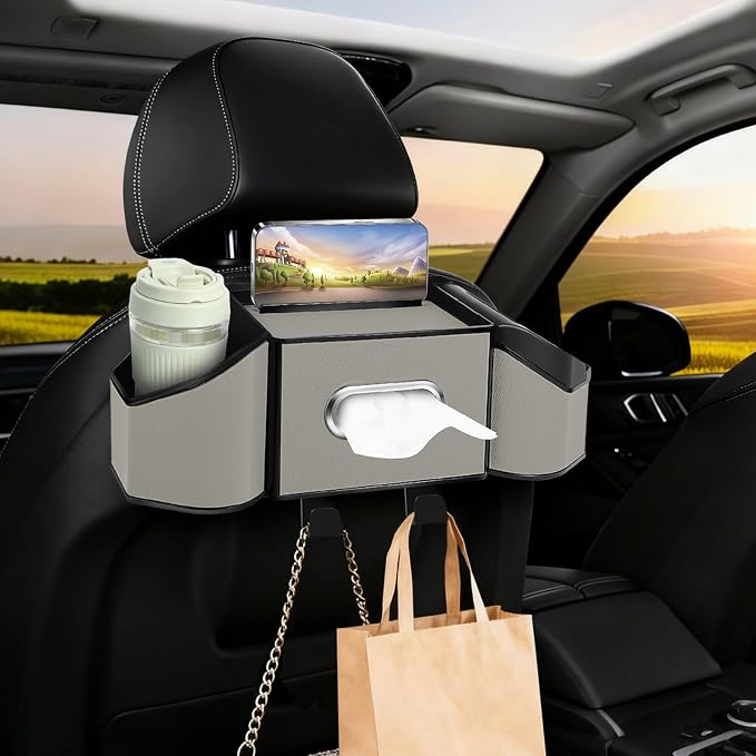 7-In-1 Car Seat Back Organizer with Cup Holders, Tissue Box, Garbage Can&Hooks, Multifunctional Headrest Storage Organizer, Headrest Cup Holder for Backseat, Car Accessories for Trips, Travels(Gray) by Hiitytin