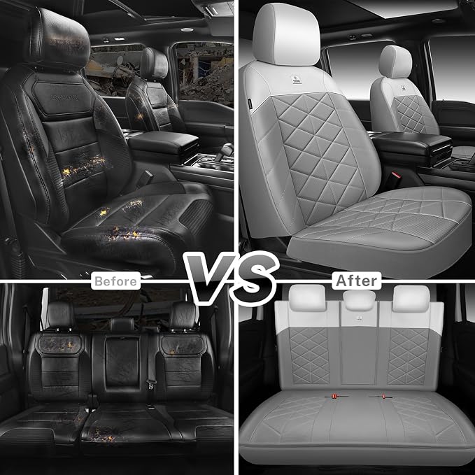 CAR PASS Memory Foam Leather Seat Covers Full Set, Breathable Perforated Nappa Leather Seat Covers Universal Fit for Most Cars,Sedans,SUV,Trucks Thick 3D Foam Comfortable, Airbag Compatible Gray White - Image 6