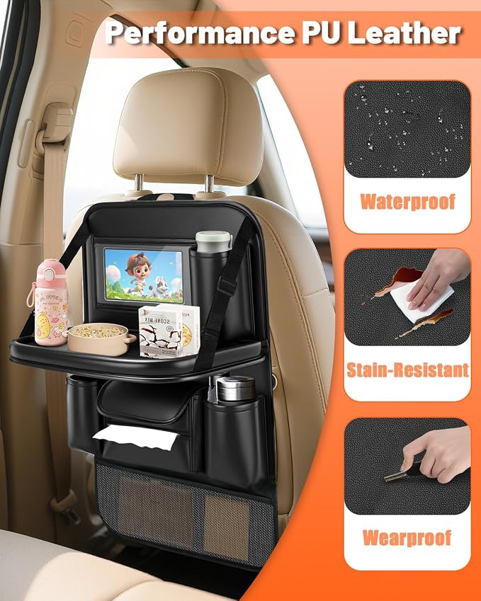 2 Pack Leather Car Backseat Organizer with Foldable Table Tray | Garbage Bag Hook, Protector Kick Mats for Kids, 8 Large-Capacity Pocket, Universal Car Seat Protector for Kids, Pets & Travel - Image 5