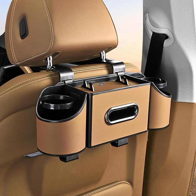 Back Seat Car Organizer,4 in 1 Multifunctional Car Back Seat Storage Box with Drink Cup Holder Tissue Box, for Hold Phone,Snacks, Drinks, Handbag-Light Brown by Joezhe