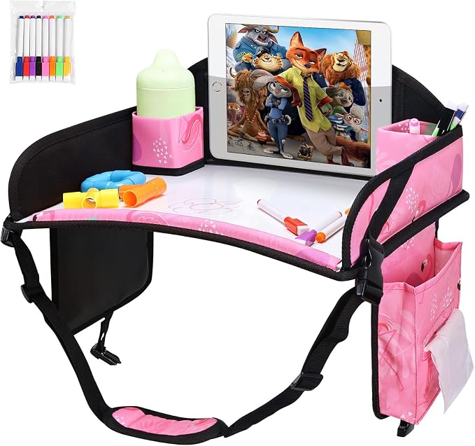 Kids Travel Tray for Toddler Car Seat, Road Trip Activities for Kid | Toddler Car Activities with No-Drop iPad Holder Stand, Roadtrip Essentials with Dry Erase Board & Cooler Cup Holder, 3PC - Image 6