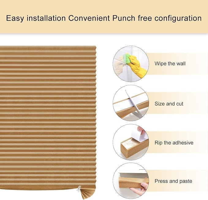 Window Blinds Cordless No Drill Cut to Size Clip On Stick On Self Adhesive Temporary Blinds Pleated Paper Blinds for Windows Doors Shades for Home Nursery Bedroom Kitchen Bathroom | Non-Woven, Light Filtering, Easy Install, Self Adhesive, Pleated Windo... - Image 3