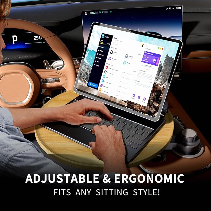 Car Tray & Car Desk for Laptop, 360° Rotating Wood Cup Holder Table, Steering Wheel Tray, Car Accessories for Women & Men,Compatible with Tesla Model Y/3/S, Ford F150/Explorer/Maverick & Most Vehicles - Image 3