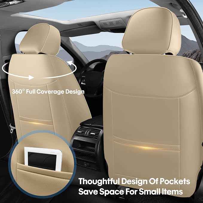 Car Seat Covers Custom Fit for Ford F150 2009-2026, Faux Leather Seat Cover Set for 2017-2026 F250 F350 F450, Accomodating Regular Cab Super Cab Super Crew Pickup Truck Cushions(Beige, Front Seat) - Image 2