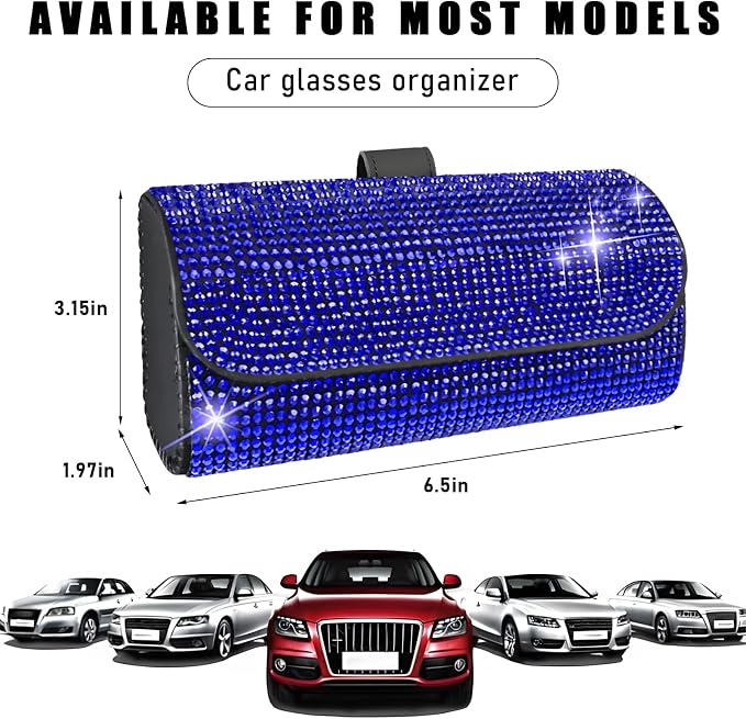 Ohleats Bling Sunglasses Holder for Sun Visor, Sparkling Glasses Sun Visor Organizer Case with Hidden Magnetic Closure, Auto Visor Crystal Eyeglasses Storage Case, Car Accessories (Bling Blue) - Image 2