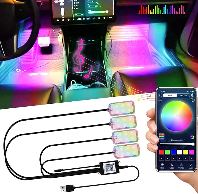 YONGMING Car LED Interior Lights, RGB USB Mood Lighting with Music Sync | APP-controlled RGB LED strip lights with music-activated modes for car footwell, console and interior ambient lighting. by YONGMING