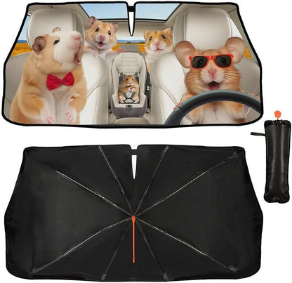 CHILLTEK Funny Animal Car Windshield Sun Shade, Cute Hamster Car Sun Shade, Block UV Rays Heat Foldable Windshield Umbrella Sun Visor Protector - Keep Vehicle Cool for Cars SUV - Image 2