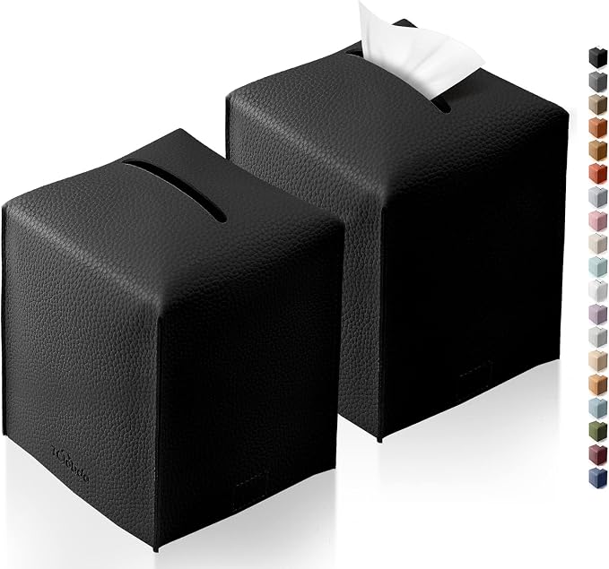 Tissue Box Cover, Tclouda, Modern PU Leather Square Tissue Box Holder for Creative Decorative, 2 Pack, Ideal for Bathrooms/Office/Car/Nightstand/Outdoor Tent/Dining Table, 5"X5"X5", Double Black by Tclouda