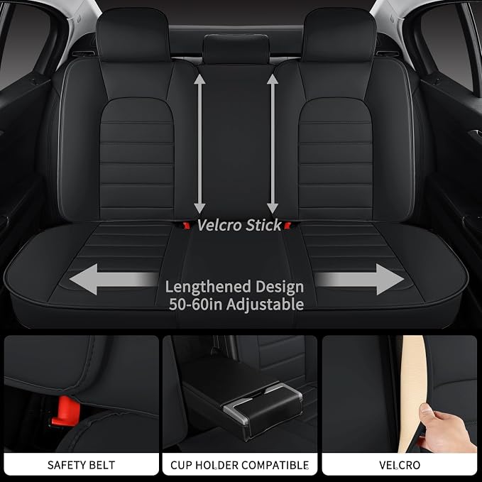 Car Seat Covers Full Set, 5Pcs Universal Leather Seat Covers for Cars, Waterproof Front and Rear Seat Covers Breathable Automotive Vehicle Seat Cover for Most Trucks, SUVs, Sedans, Black - Image 3