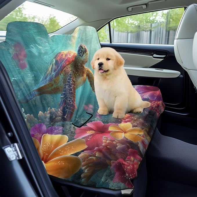Turtle Hibiscus Plumeria Print Back Seat Cover for Car Trucks Van SUV, Waterproof Rear Bench Towel Seat Covers for Dogs and Kids, Sweat-Absorbent Automotive Backseat Protector - Image 3