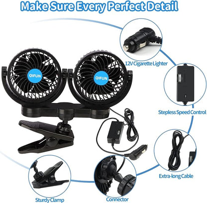 QIFUN Car Fan Adjustable Dual Head 12V 360° Rotatable 4 Inches Car Clip Fan for Front/Rear Seat Passenger Car Essentials Cooler with Stepless Speed Regulation for Vehicle SUV, RV - Image 3