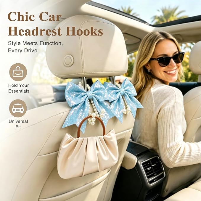 2 Pack Pearl Car Seat Headrest Hook with Bow & Sequin/Leopard/Polka Dot Design – Cute Purse Hanger for Vehicle,Grocery Bags, Umbrellas, Seat Back Organizer for Women (Light Blue Sequins) - Image 4