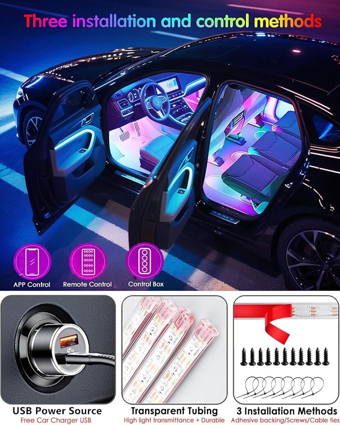 Car LED Lights, RGB Smart Car Interior Lights,App & Remote | Music Sync Under Dash Footwell Neon Internal Lighting Kit Multicolor,12V LED Strip Lights for Car, Truck, SUV - Image 4