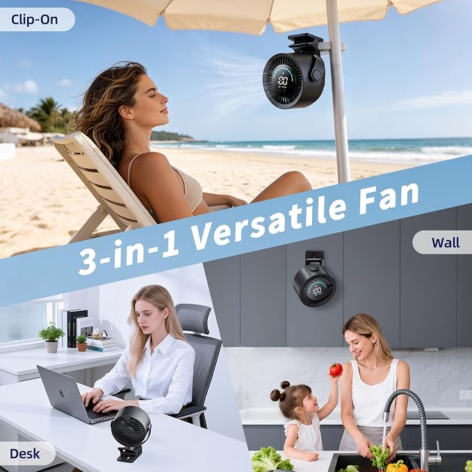 Portable Clip on Fan, Rechargeable USB Desk Fan with Turbo Airflow, 100 Speeds LED Display, 360° Rotation, Small Quiet Battery Powered Fan for Stroller Outdoor Travel Camping Golf Cart, Black - Image 4