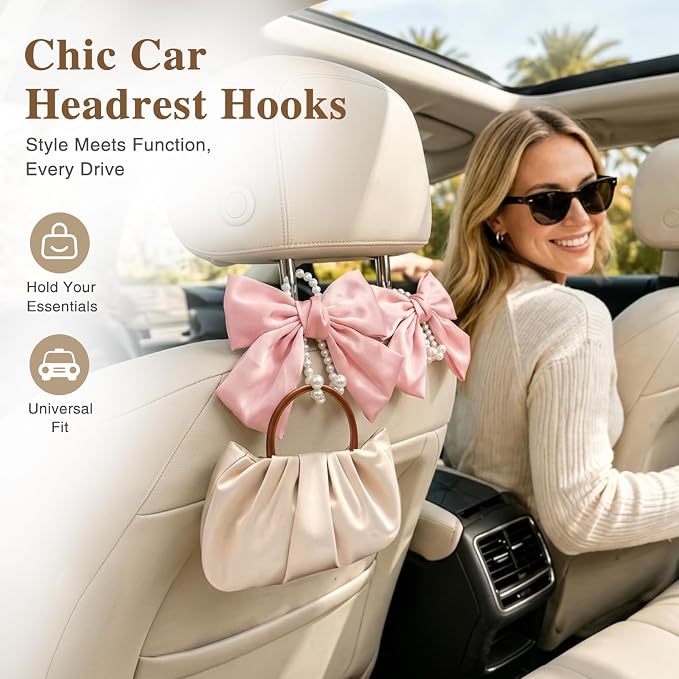 2 Pack Pearl Car Seat Headrest Hook with Bow & Sequin/Leopard/Polka Dot Design – Cute Purse Hanger for Vehicle,Grocery Bags, Umbrellas, Seat Back Organizer for Women (Pink) - Image 4