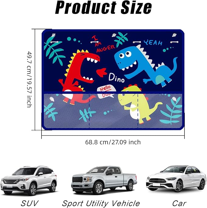 Car Window Shade for Baby, Car Sun Shade Curtain with Storage Pockets & Suction Cups, Cartoon Sun Blocker Blind for Side Windows, Blocks Heat, Privacy Cover for SUV Sedan (Cute Dino Pals) - Image 2