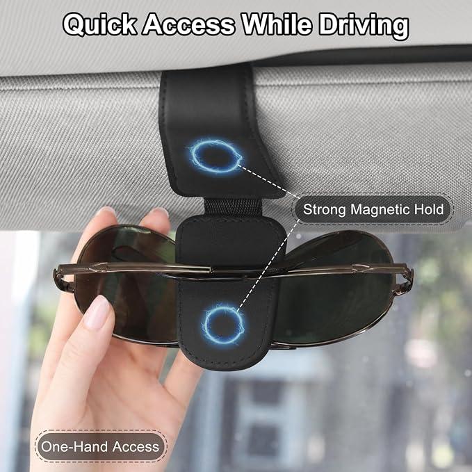 2 Packs Magnetic Sunglasses Holder for Car, Sunglass Clip for Visor(Black) | Leather Car Eyeglass Holder and Ticket Card Clip, Suitable for Different Size Eyeglasses, Interior Car Accessories - Image 2
