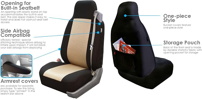 FH Group FH-FB302114 All Purpose Flat Cloth Car Seat Covers Beige/Black Color with F11306 Vinyl Floor Mats, Beige/Black Color - Fit Most Car, Truck, SUV, or Van - Image 7