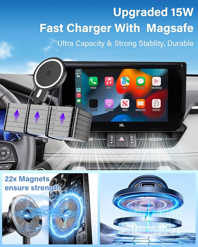 PZK Car Phone Holder for 2023-2026 Toyota BZ4X/ Subaru Solterra Accessories | Fit 8/12.3-Inch Screen Magnetic 15W Fast Wireless Charger Phone Mount with Magsafe 360° Rotation Not Affect Vent Phone Stand - Image 4