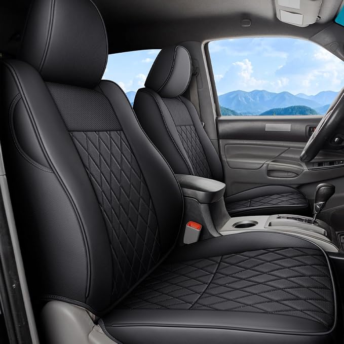 Coverado Tacoma Seat Covers Full Set, Faux Leather Seat Covers Custom Fit for 2005-2023 Toyota Tacoma Double/Crew Cab Base Prerunner SR5 Limited TRD Sport Interior Covers (Black) by COVERADOAUTO