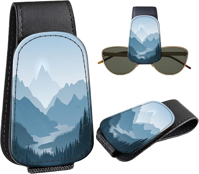 Leather Magnetic Sunglass Holder for Car Sun Visor, Cute Eyeglass Ticket Card Hanger Clip, Universal Auto Interior Accessories for SUV Pickup Truck, Blue Mountain by Unknown