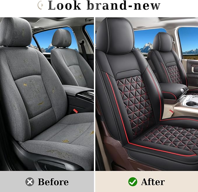 Coverado Seat Covers for Dodge Ram, Waterproof Front Car Seat Covers for Truck Compatible with 2002-2026 Dodge Ram 1500 2500 3500 Crew Double Mega Quad Cab(Black&Red line) - Image 5