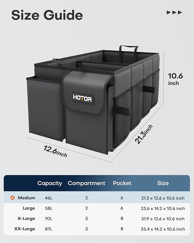 HOTOR Trunk Organizer - Foldable Car Organizer for SUVs & Sedans Storage | Sturdy Car Organization for Men & Women, Car Accessories, Tools, Sundries, Black, 2 Compartments, 21.3" x 12.6" x 10.6" - Image 3