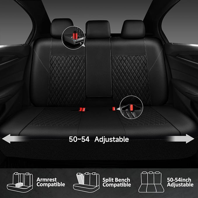 CAR PASS Faux Leather Back Seat Cover, Universal Quilting Waterproof Bench Rear Seat Cover Universal car seat Cover Fit 95% Automotive Interior Covers for Sedans SUVs Vans Small Trucks, All Black - Image 2